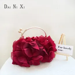 イブニングバッグDai ni xi luxury Silks Flower Clutch Tote Bag Ladies Bridal Handbag Metal Handle Wedding Satin Purse 231006
