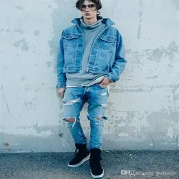 Jeans masculinos ourela zíper destruído skinny slim fit justin vintage rasgado azul denim282s