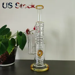 스위스 Perc Glass Bong -14 인치 - 노란색 - 직선형 튜브 물 담뱃대 - 여성 조인트