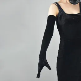 Fem fingrar handskar 53 cm kvinnor gyllene sammet lång höst vinter varm svart aftonklänning etikett retro stil bankett tillbehör elasticitet 231005
