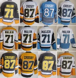 Man Vintage Hockey 71 Evgeni Malkin Jersey Retro CCM 87 Sidney Crosby 클래식 팀 컬러 블랙 화이트 블루 옐로우 자수 및 재봉은 순수한 면화 높이