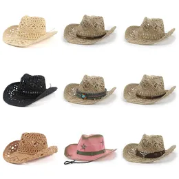 Breda randen hattar hink hattar mode ihåliga handgjorda cowboy halm hatt kvinnor män sommar utomhus rese strand sol hattar unisex solid western sunshade cap 231006
