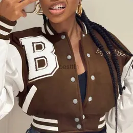 Kurtki męskie brązowe baseball mody Fall Kurtki dla kobiet 2022 Patchwork Button Black Crop Top Kurtki płaszcze Czerwone Varsity Bomber Jacketl231006