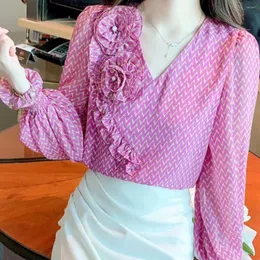 Women's Blouses 3D Rose Studded Pearl Red Chiffon Elegant Blouse Shirt Autumn Style Sweet Long Sleeve Top Blusa Mujer Moda 2023