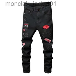 Men's Jeans Sokotoo Men's red flower letters embroidery black jeans Fahion badge stretch denim pants J231006