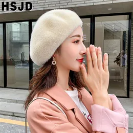 Autumn Winter Women Berets French Classic Solid Color Plush Mink Cashmere Beret Hat Winter Warm Knitting Hats Female Walking Cap 2188a