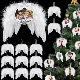 Juldekorationer 12set White Angel Wings Christmas Tree Deced Hanging Ornament Wedding Party Feather Wing med tom termisk sublimeringsplatta 231005