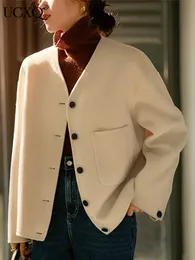 Женская полушерстяная куртка UCXQ, корейская шикарная однотонная белая однобортная шерстяная куртка с v-образным вырезом, повседневные свободные высококачественные пальто с длинными рукавами, осень 231006