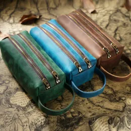 Cosmetic Bags Cases Double Zipper Pocket Cosmetic Bag Travel Toiletries Organizer Case Box Vintage Handmade Genuine Leather Pencil Bag Storage Pouch 231006