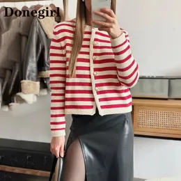 Women's Knits Tees High Quality Autumn Women Cardigan Fashion Red Striped Knitted Sweater Cardigans Female Casual Chic Button Tops Ladies 231006