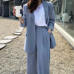 Women's Two Piece Pants Kimutomo Korea Early Autumn Sets High Street Retro Haze Blue Three-Button Blazer High-Waist Straight Mopping