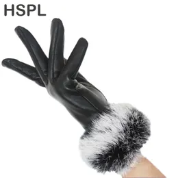 Five Fingers Gloves HSPL Genuine leather gloves female thickening leather gloves women's rabbit fur sheepskin thermal gloves 231006