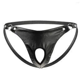 Underbyxor Jackstrap Herrarna Sexiga konstgjorda läder Underkläder Metal Ring Briefs Jock Rem String thong t-back sissy trosor2111