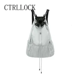 School Bags CTRLLOCK Techwear Normcore Gray Nylon Lightweight Large Capacity Mesh Backpack Women Drawstring Strap Pocket Schoolbag 231005