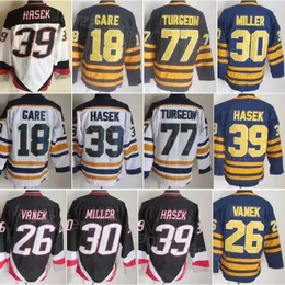 Man vintage hockey 18 Danny Gare Jersey Retro Classic 30 Ryan Miller 39 Dominic Hasek 77 Pierre Turgeon 26 Thoma Vanek 7 Rick Martin 9 Derek Roy Brodery Pensionera CCM