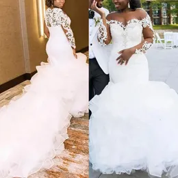 Gorgeous African Mermaid Wedding Dress Long Sleeves Chapel Train Ruffles Tiered Bridal Gowns Lace Appliques Crystal Beaded Elegant Bride Dresses 2023