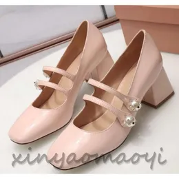 2023SS MU Vintage Mary Jane Shoes Women's Chunky Heel Leather Shoe Square Toe Pumps Female Pearls Mules Leather slipper Round toe loafer backless