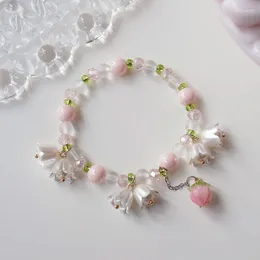 Charm Bracelets Y2k Design Sweet Vintage Pearl Lily Flower Bracelet Women Korean Cute Tassel Pink Peach Pendant Aesthetic Smart Jewelry Fine