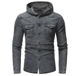 Herrskjortor herr jeans skjorta huva pocekt grå social skjorta singel bröst blusa de frio masculina satin nz672308q