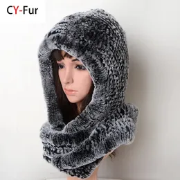 Scarves Women Knitted Real Rex Rabbit Fur Hat Hooded Scarf Winter Hats for Woman Fall Cap Warm Natural Fur Hat with Neck Scarves Bonnets 231006