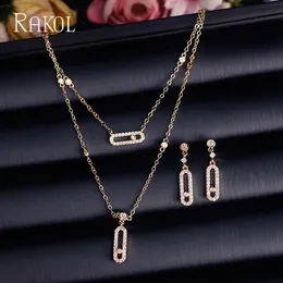 Wedding Jewelry Sets RAKOL Pave Zircon Oval Pendant Jewelry Sets for Women Double Layer Necklace Earrings Personalized Stackable Trendy jewellery 231006