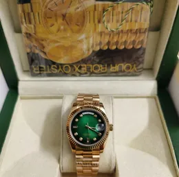 2024 Original Box Certificate 8K Gold President Male Watches Day Date Green Dial Watch Män rostfri Bezel Automatisk armbandsur 41mm