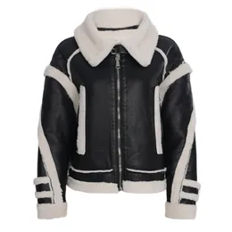 HM02 Frauen Patchwork Pu Leder Pelz Lammwolle Abgeschnitten Jacke Mode Verdicken Revers Kragen Kurzen Mantel Herbst Dame Warme Outwear