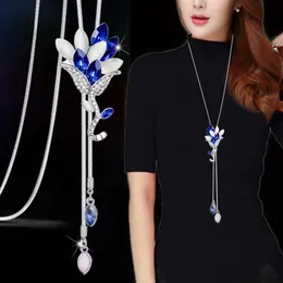 BYSPT Zircon Long Necklace Sweater Chain Fashion Fine Metal Chain Crystal Rhinestone Flower Pendant Necklaces Adjusted2703