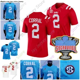 Maglie da calcio Ole Miss Rebels Jersey Football NCAA College Matt Corral Sugar Bowl Patch Red Baby Blue White Size S-3xl tutti uomini cuciti