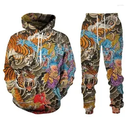 Herrspåriga harajuku 3d tiger tryckta män hoodies byxor casual hooded tröja tröja tröjor 2 st set autumm och vinter sp298n