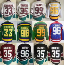 Homem Vintage Hóquei 33 Greg Goldberg Jersey Retro Clássico 96 Charlie Conway 99 Adam Banks 35 Jean-Sebastien Giguere 1993 Aposentado CCM Filme Verde Vermelho Preto Azul Branco