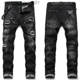 Jeans masculinos EHMD rasgado buraco jeans homens tinta pontos tinta salpicada algodão macio alta etiqueta de couro elástico preto cinza calças finas orelhas vermelhas 2 j231006