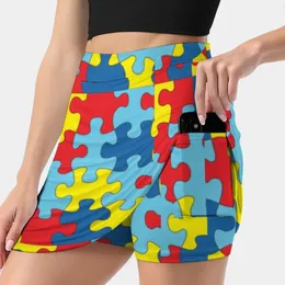 Röcke Autismus-Bewusstsein Puzzleteile Damenrock Y2K Sommerkleidung 2023 Kpop-Stil Hose mit Tasche