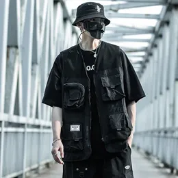 Erkek Yelek Aogz Street Giyim Hip Hop Çok Cepleri Fermuar Kargo Yeleği Erkekler Teknik Giyim Yelekleri Taktik Fonksiyonel Yelek Kolu 231005