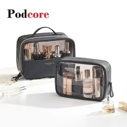Kosmetiska väskor fall multifunktion kosmetisk väska med handtag pu läder resor makeup väska arrangör med transparent täckning 231006