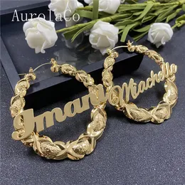 Hoop Huggie AurolaCo 60/70mm Hiphop XOXO Bamboo Hoop Earrings Customized Name Earrings Bamboo Style Custom Earrings for Women Gift 231005