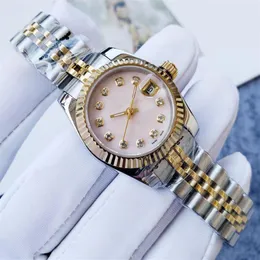 Women's Watches 28MM Pink Shell Pattern Face Fully Automatic Mechanical Crescent Bezel Stainless Steel 18k Gold Watch Fashion275T