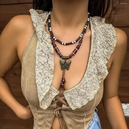 Hänge halsband etnisk boho multicolor pärla rep kedja kvinnor halsband retro fjäril justerbar tvåskikt choker kvinnlig sexig nack smycken