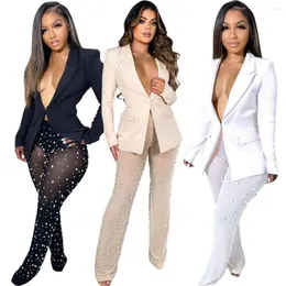 Kvinnors tvådelar Pants Casual Blazer Pearls Pant Set Set Women Solid Long Sleeve Single Button Jacket Top Mesh Trousers Outfit Party Suits