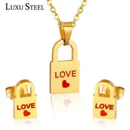 Wedding Jewelry Sets LUXUSTEEL bridal necklace set Stainless Steel Lock Pendant Necklace Earrings Brinco Party Gold Color Collars Choker 231005