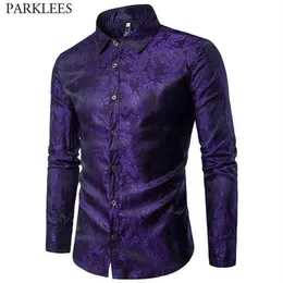 Purple Paisley Floral Print Silk Shirt Men Fashion Slim Fit Long Sleeve Mens Dress Shirts Party Event Man Social Shirt 210522224i