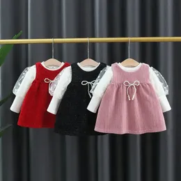 Clothing Sets Girls Baby Fashion Clothing Set Sweaters+pearls Bow Vest Dress Kids Children Spring Autumn 2pcs Princess Birthday Clothes Suits 230927