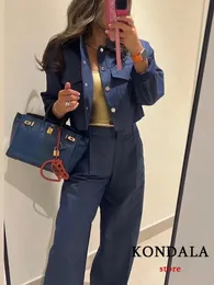 여성의 2 조각 팬츠 Kondala Vintage Solid Women Suit Blue Single Button Pockets Jackets 똑바로 느슨한 긴 지퍼 패션 2023 가을 세트 231005