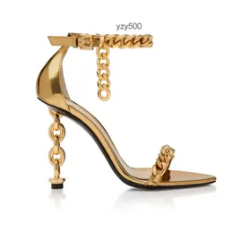 Tom al 포드 하이 샌들 -F- 여성 발 뒤꿈치 고급 브랜드 디자인 신발 미러 가죽과 체인 힐 체인 발목 끈 샌들 신발 신발 뾰족한 발가락 자물쇠 스타일 35-43 Z1V0
