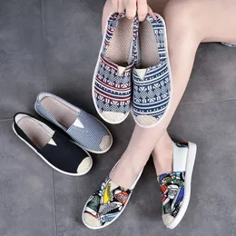 Dress Shoes Fashion Women Slip on Flats Print Flat Bottom Light Mesh Lazy Fisherman Shoes Canvas Breathable Flat Women's Single Shoes 231006