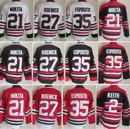 Homem Vintage Hóquei 27 Jeremy Roenick Jersey CCM 21 Stan Mikita 2 Duncan Keith 35 Tony Esposito Retro Clássico Tudo Costurado Preto Branco Vermelho Equipe Aposentar-se Pulôver Alto