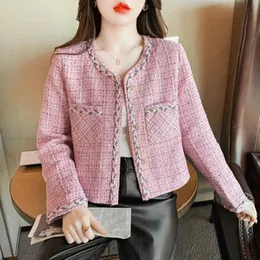 Jaquetas femininas tweed pequeno perfumado curto jaqueta outono feminino tubo reto rosa sênior vintage casaco de lã outerwear 231006