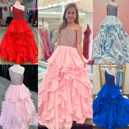 Ruffles One-Shoulder Girl Pageant Dress 2024 Straps Back Layer Little Kid Birthday Formal Party Gown Infant Toddler Teens Tiny Young Junior Miss Royal Light Blue Red