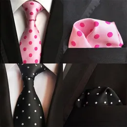 Bow Ties Classic 8cm Silk Polka Dot Sets Black Pink Jacquard Pocket Square Necktie مجموعة للرجال أعمال العريس العريس 231005