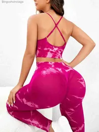 Aktiva uppsättningar 2st Rose Red Tie Dyeing sömlös Yoga Crisscross Back Tight Leggings Soft Sport Suit Frain Training For Women SportWearl231007